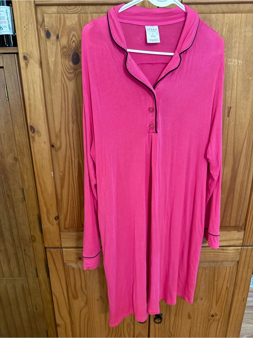 Serra Hot Pink Long-Sleeve Nightshirt with Black Piping